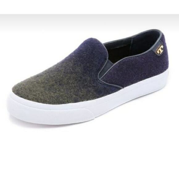 Tory Burch RUDI Stardust Ombre Slip On Sneaker Navy Blue Olive Green Wool Felt 7 - Picture 1 of 11
